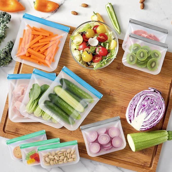 Reusable Silicone Freezer Storage Bags, 9Pack Multi-Size Food Storage Containers, Leakproof Freezer & Microwave Safe Reusable Snack & Sandwich Bags - 3 Gallon 3 Snack 3 Sandwich Bags
