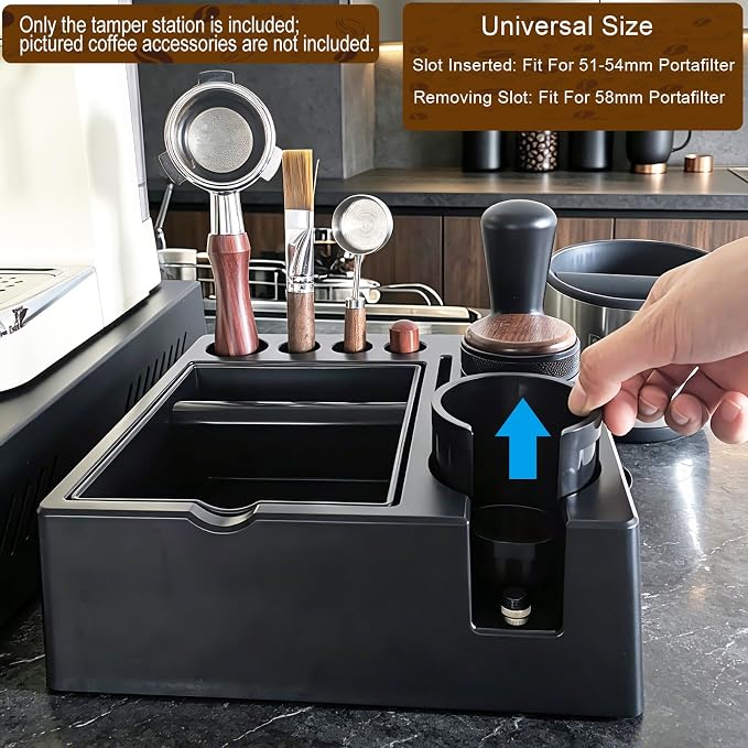 Espresso tamping station knock box,tamper station,Espresso station fit for storage 51-58mm tamper,distributor,portafilter,puck screen accessories,9 in 1 espresso knock box and tamper station