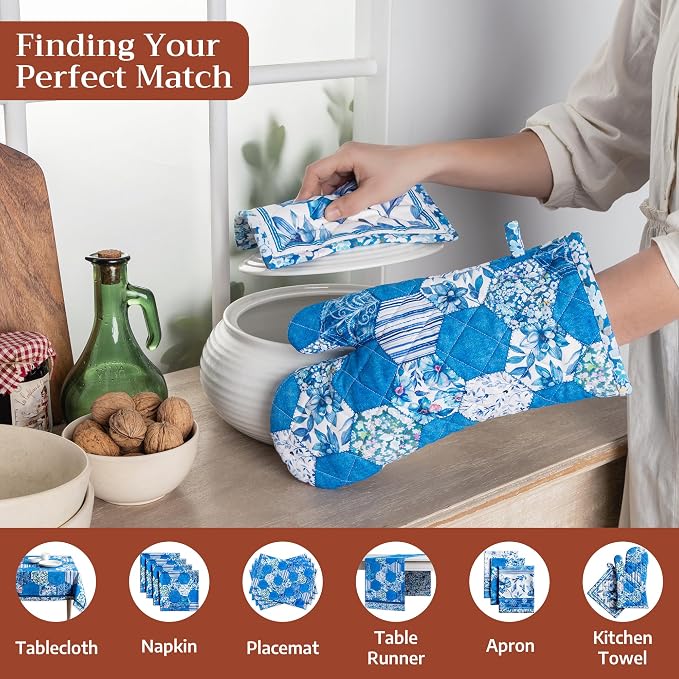 Maison d'Hermine Oven Gloves 100% Cotton Oven Mitt (7" x 13", Pack of 1) | With Loop Heat Resistant BBQ Cooking Gloves Baking Grilling Kitchen Handling Hot Pans Spring Summer - Summer Blues