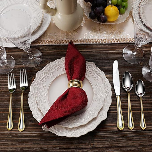 KEAWELL Pearl Edge Premium 65-Piece Refined Bead Silverware Set, 18/10 Stainless Steel, Service for 12, Fine Flatware Set with Serving Utensils, Dishwasher Safe (65, Gold Accent)