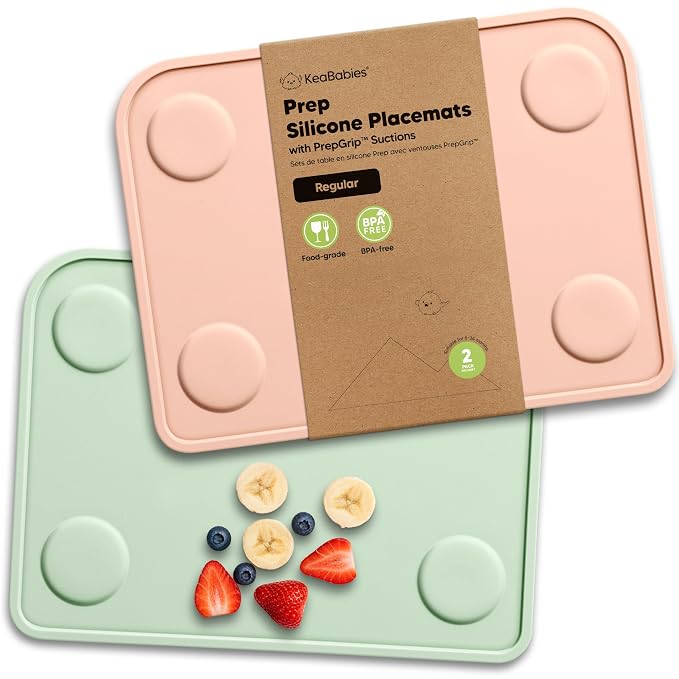 KeaBabies 2pk Silicone Placemats for Toddlers, Kids, Baby, 12x9 (Mellow, S) | Non Slip Suction Silicone Placemat for Restaurants, Dining Table,Travel, Easy to Clean, Food Grade/BPA-Free, Small Table Mat