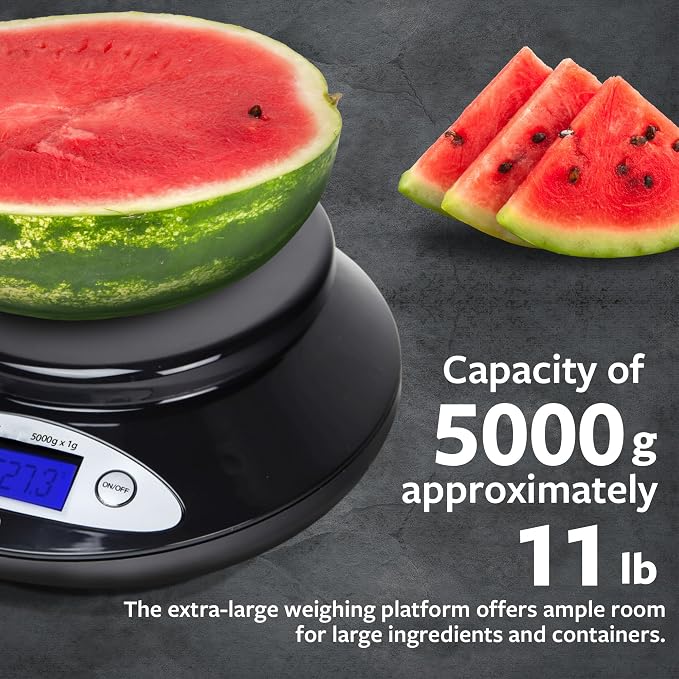 Smart Weigh Digital Kitchen Scale with Removable Bowl – 11lb/5kg Capacity, 0.1oz/1g Precision – High Accuracy Food Scale for Baking, Cooking & Meal Prep (Black)