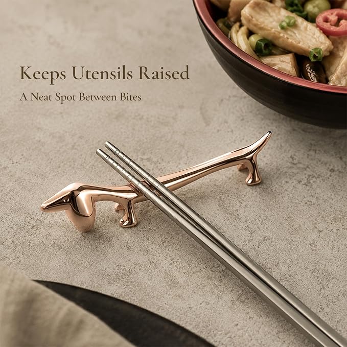 ChezMax Pack of 5 Zinc Alloy Chopsticks Spoon Forks Knives Tableware Rest Set,Rose Gold Dogs