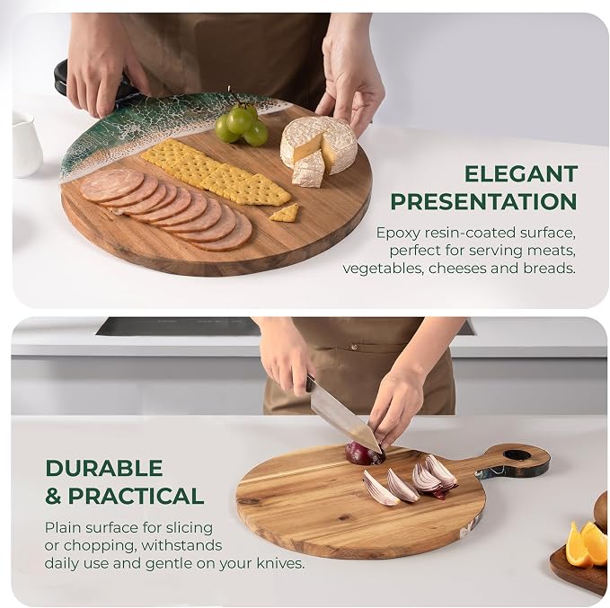 Acacia Wood Serving Board with Ocean Resin Art, 18.1" x 13" Charcuterie Cheese Tray for Display & Prep, Cutting Board on Back, Includes Stand & Loofah, Christmas Housewarming Gift (Round)