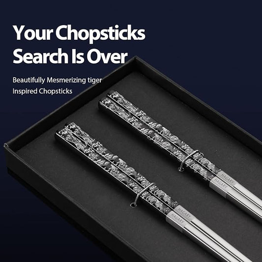 Hagary Tiger Chopsticks Metal Chopsticks Reusable Designed In Korea Japanese Style Stainless Steel 316 18/10 Non-Slip Dishwasher Safe Laser Etched (Black - 2 Pairs)