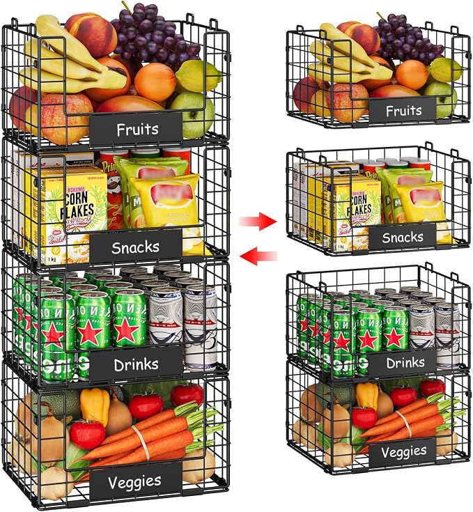 JKsmart 4 Pack XL Stackable Wire Baskets, Pantry Organizers and Storage | Pantry Baskets with Handles and Name Plates, Muti-Purpose for Snack Organizer & Vegetable Basket & Fruit Basket & Snack Rack