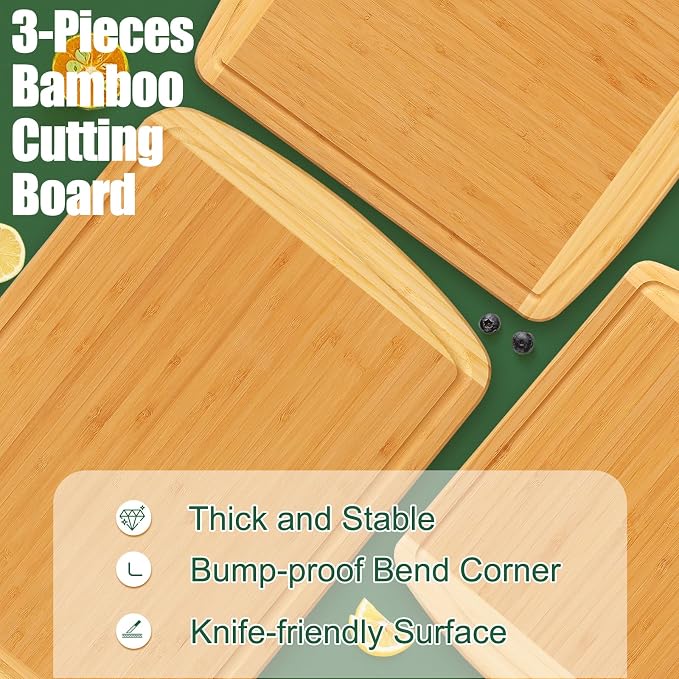 Homaxy Bamboo Cutting Boards for Kitchen Set of 3, Two-Tone | Wood Cutting Board with Juice Groove, Butcher Block Chopping Board for Kitchen, Meat, Fruit & Vegetables, Pre Oiled
