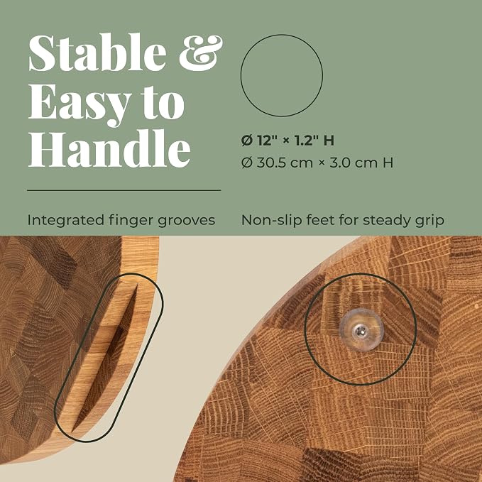 End Grain 12" Round European Oak Wood Cutting Board, Butcher Block, Wooden Chopping Board with Non-Slip Feet & Handles, Charcuterie Board, Knife-Friendly, Serving Cutting Board for Kitchen
