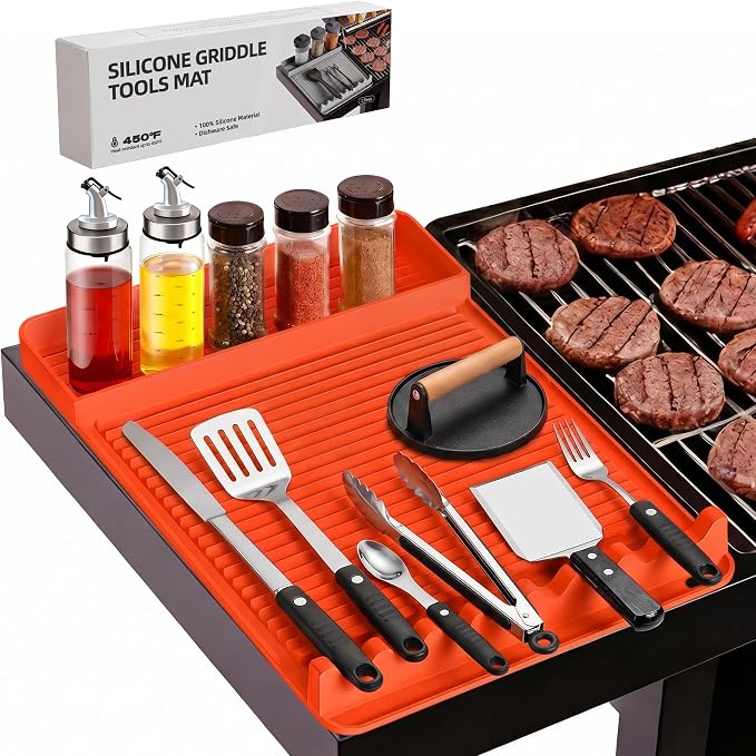 Silicone Grill Mat for Blackstone Griddles & Outdoor Grills - Heat Resistant (450°F) Countertop Protector, Non-Slip Tool Organizer & Grease Catcher, 16x11.5 Inch(Orange)