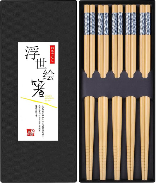 Antner 5 Pairs Bamboo Chopsticks Reusable Japanese Style Chopstick Gift Sets, Classic Natural Bamboo Chop Sticks Dishwasher Safe, 8.8 Inch/22.5cm