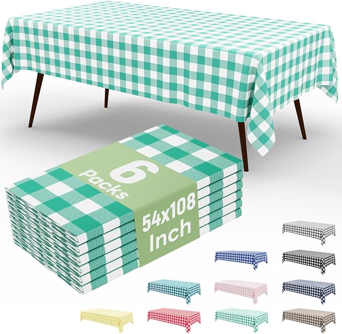 6 Packs Buffalo Disposable Table Cloth, 54 x 108 Inch Waterproof Plastic Tablecloth, Rectangle Teal and White Checkered Table Covers for Picnic, Birthday, Party, Back to School