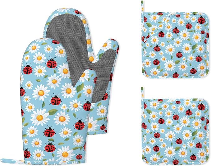 Ladybug Heat-Resistant Silicone Oven Mitts and Pot Holders 4 Piece Set,Cute Daisy Extra Long Non-Slip Kitchen Oven Gloves for Cooking, Baking, BBQ,Grilling