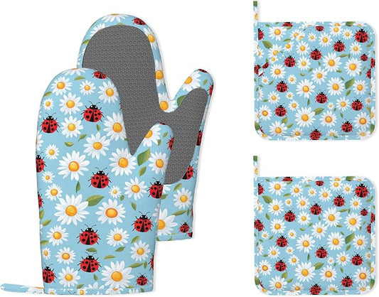 Ladybug Heat-Resistant Silicone Oven Mitts and Pot Holders 4 Piece Set,Cute Daisy Extra Long Non-Slip Kitchen Oven Gloves for Cooking, Baking, BBQ,Grilling