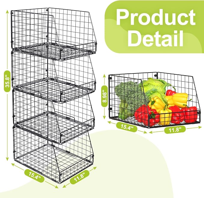Jakyitvi 4 Pack XXL Stackable Wire Storage Basket, Extra Large Capacity Pantry Organizer and Storage, Muti-Purpose for Fruit Vegetable Basket & Toy Bin & Snack Organizer
