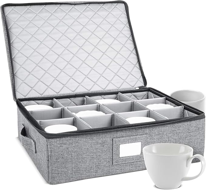 storageLAB Cup & Mug Storage Case | Hard Shell Felt Dividers | Gray | Hard shell case holds 12 cups or mugs in 4x4 felt compartments. Stackable, top-load, dual handles. Also fits wine glasses.