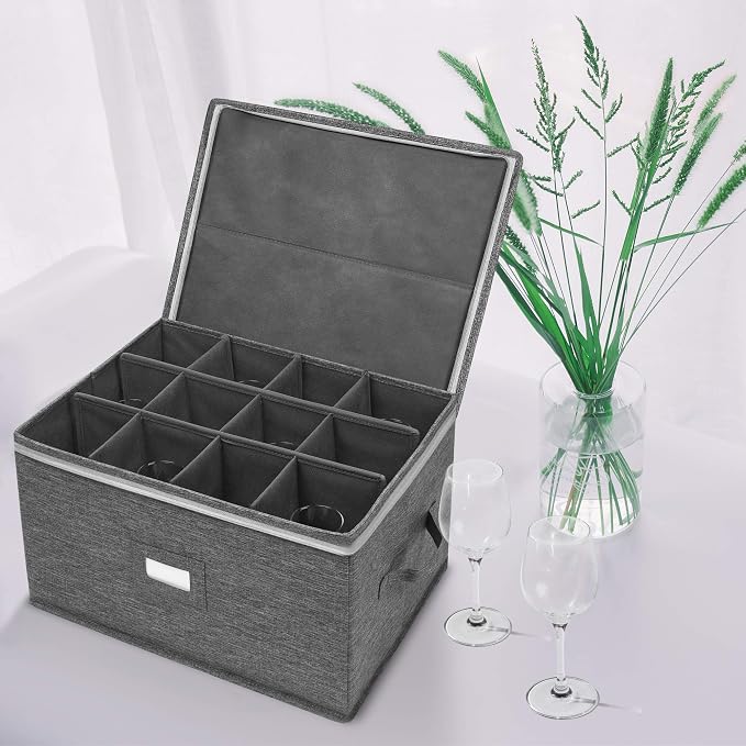 popoly Stemware Storage Containers (2 pack), Wine Glass Storage Box with Dividers for Glassware or Crystal, Holds 12 Red or White Wine Glasses, Hard Top and Stackable (Grey) | Glassware Storage Containers Holds 24 Red, White Wine Glasses or Crystal, St...