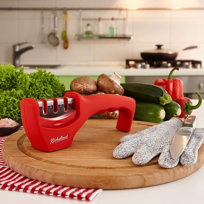 4-in-1 Kitchen Knife Accessories: 3-Stage Knife Sharpener Helps Repair, Restore and Polish Blades and Cut-Resistant Glove