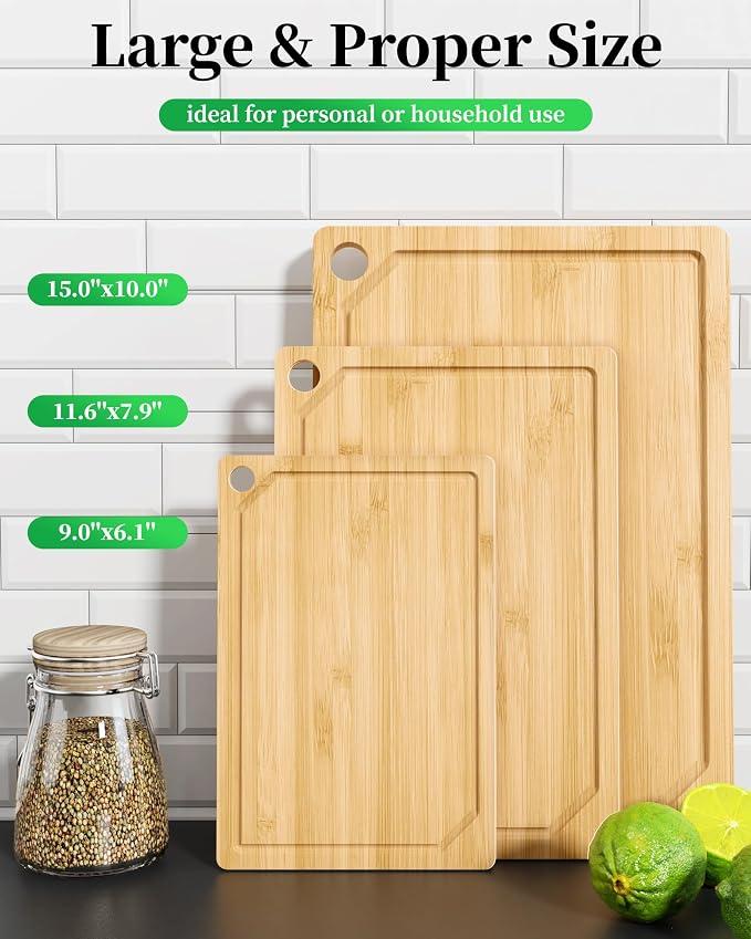 Kitsure Bamboo Cutting Board for Kitchen, Set of 3, Natural | Multi-Sizes Wooden Cutting Boards for Chopping & Serving, Convenient Kitchen Essentials, Deep Juice Grooves