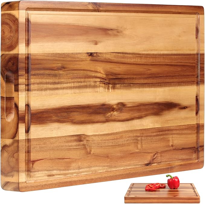 Acacia Wood Cutting Board (17x13x1.5in) and Wooden Butcher Block, Chopping Board - Reversible Multipurpose For Meat, Cheese Board, Vegetables, Bread...with Juice Groove, Cracker Holder & Inner Handles
