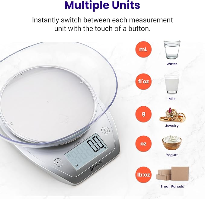 Etekcity 0.1g Food Kitchen Scale, Bowl, Digital Grams and Ounces for Weight Loss, Dieting, Baking, Cooking, and Meal Prep, 11lb/5kg, Stainless Steel Silver | 11lb/5kg capacity with tare, removable bowl, ideal for baking, coffee, meal prep and portion c...