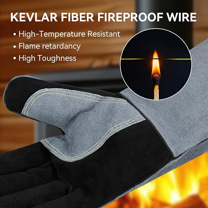 OZERO 16-Inch Welding Gloves: 932°F Heat Resistant Gloves, Black-Gray | 1.2 mm Split Cowhide, Reinforced Palm, Long Cuff, for MIG TIG Stick Forge BBQ Grill Fireplace Fire Pit Wood Stove Oven