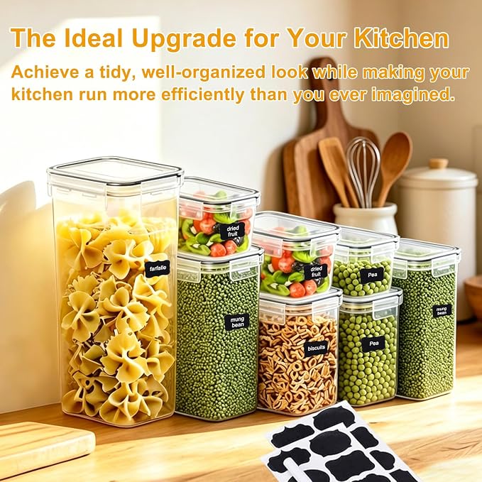 32pcs Airtight Containers, Clear Stackable Dry Food Storage | 32pk clear airtight containers with tight lids keep dry food fresh. Safe plastic, stackable for pantry kitchen storage