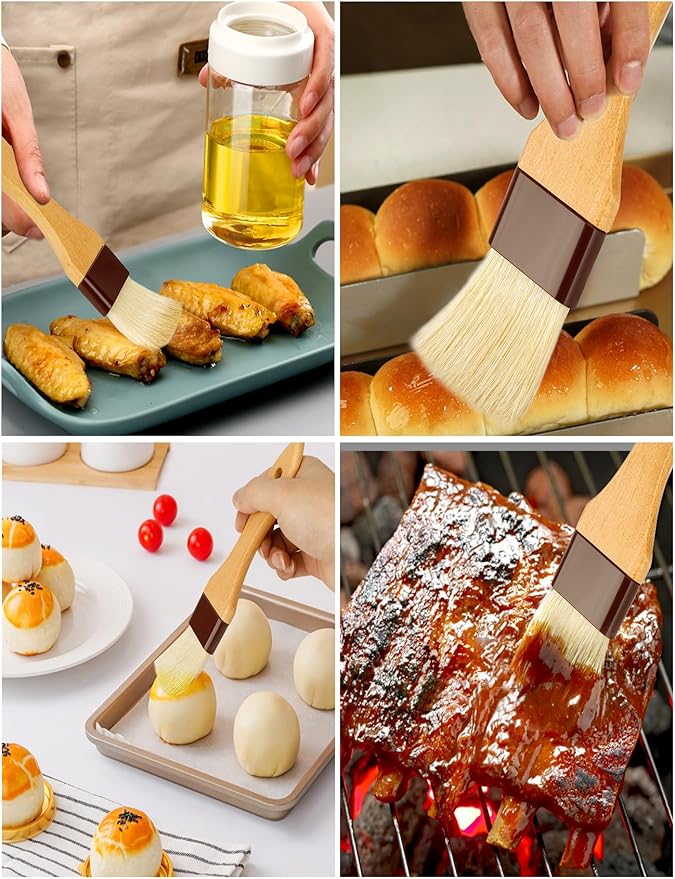 Pastry brush,Basting brush for Cooking,Natural Bristle BBQ Brush for Oil & Sauce,Wooden Handle Food Brush for Baking,Easy Clean Butter Brush,Durable Kitchen Culinary Utensil (1", 1 1/2 Inch,4 Pack)