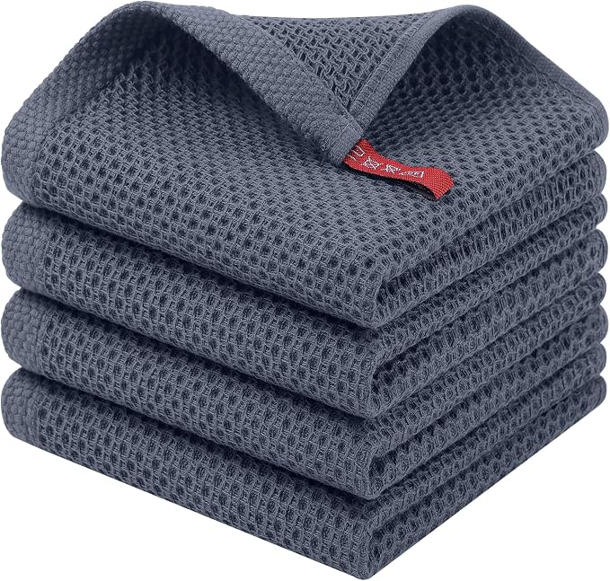 Homaxy 100% Cotton Waffle Weave Kitchen Dish Cloths, 4-Pack, Dark Grey | 12 x 12 Inches, Ultra Soft Absorbent Dish Towels, Quick Drying Dish Rags with Hanging Loop