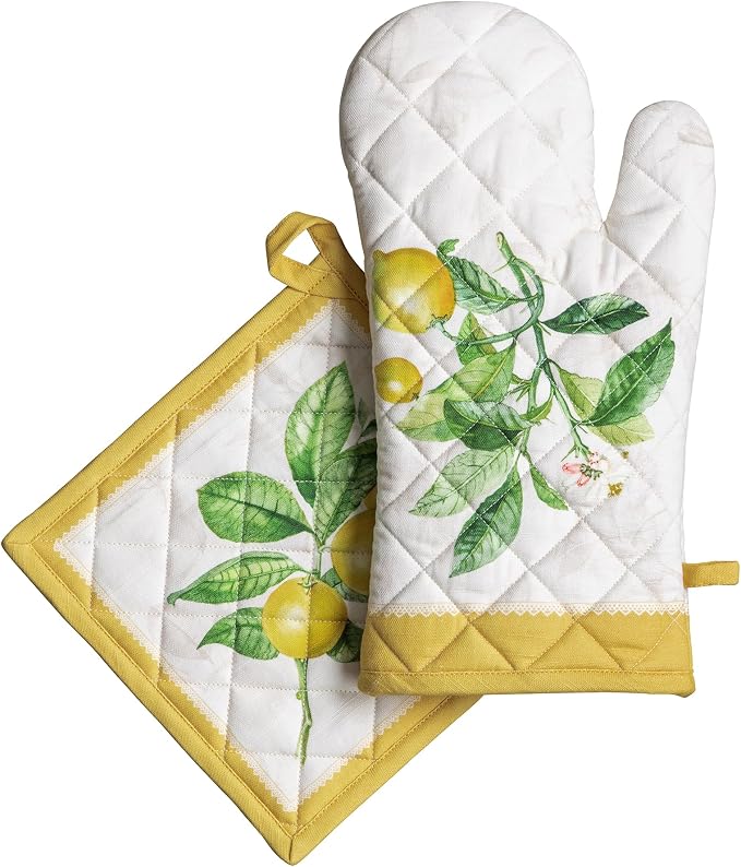 Maison d' Hermine 100% Cotton Oven Mitt & Pot Holder Set (7.5"x13" & 8"x8") | Heat Resistant BBQ Cooking Gloves with Loop Baking Grilling Kitchen Hotel Home Farmhouse Spring Summer - Limoncello