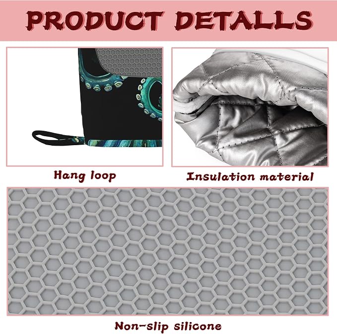 Octopus Silicone Oven Mitts and Pot Holders,Heat-Resistant 4 Piece Kitchen Set Non-Slip Oven Gloves and Hot Pads for Cooking, Baking, Grilling,BBQ