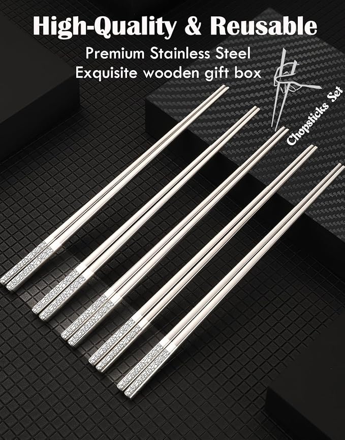 Metal Chopsticks Reusable 5 Pairs,18/8 Stainless Steel Gift set,Broken Ice | Dishwasher Safe,Non-Slip Grip,Good for Beginners,Come in a Gift Box,SUS304 Resistant to Rust,Square,Chop Sticks Silver,9.25''