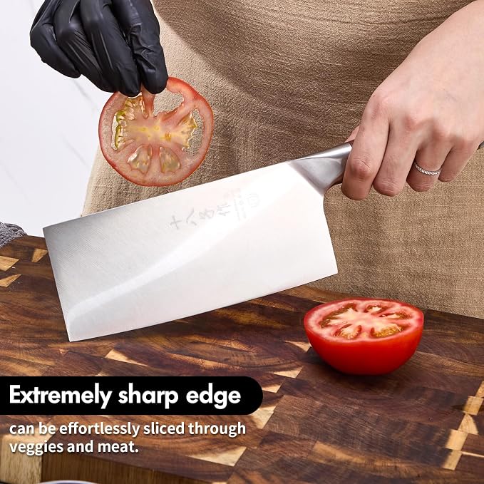 SHI BA ZI ZUO 7 Inches Stainless Steel Meat and Vegetable Cleaver Knife with Ergonomic and Sturdy Wooden Handle