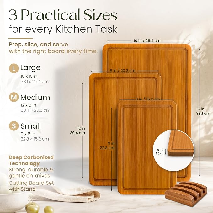 3-Piece Bamboo Cutting Boards - Groove, Handles, 15/12/9" - Carbonized | Bamboo boards with elegant dark finish, reversible prep and serving surfaces