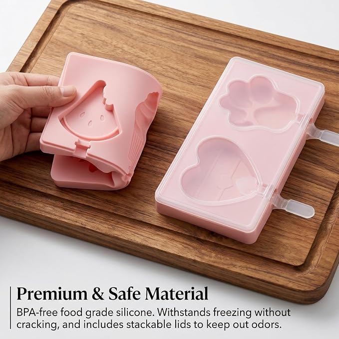 2Pcs Cartoon Popsicles Molds, 5-Cavity Food-Grade Silicone Ice Pop Cream Molds with Reusable Sticks, Stackable Ice Cream Mold, Easy Release, Cute Small Ice Pop Mold for DIY Cake and Ice Cream