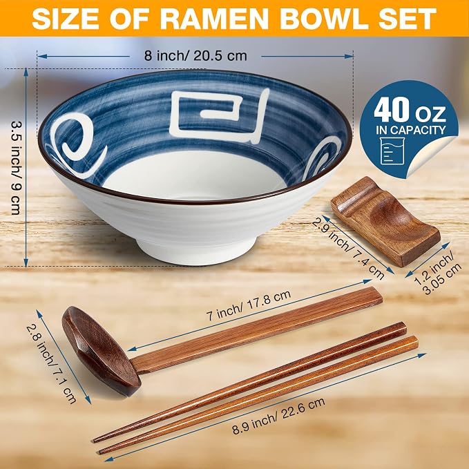 Geiserailie 40oz Ceramic Japanese Ramen Bowls Set of 4, 8 Inch Deep Asian Pho Udon Soup Noodle Bowls with Chopsticks, Spoons & Chopstick Rest -Microwave & Dishwasher Safe(Retro Style)