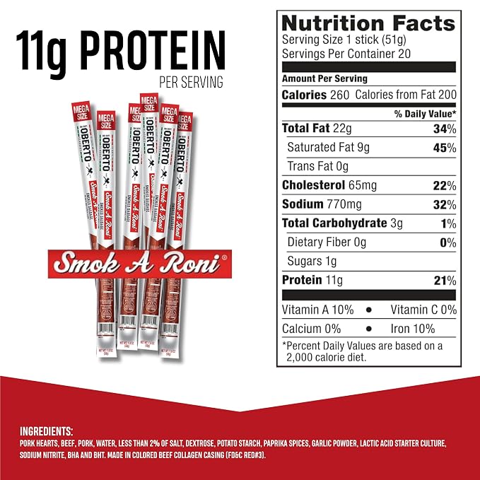 Oberto Classics Smok-A-Roni Smoked Sausage Mega Size, Oh Boy! Oberto Beef & Pork Sausage XL Meat Stick, Peperoni Style Protein Snacks, 1.8 Ounce (Pack of 20)