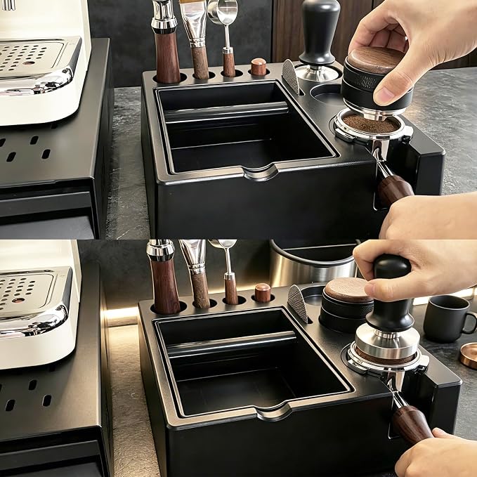 Espresso tamping station knock box,tamper station,Espresso station fit for storage 51-58mm tamper,distributor,portafilter,puck screen accessories,9 in 1 espresso knock box and tamper station