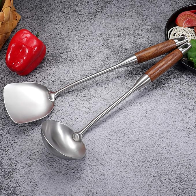 Wok Spatula & Ladle Set, AOOSY 304 Stainless Steel Cooking Utensils,2 Pcs | Wooden Handle Wok Utensils Soup Ladle Wok Spatula, 15 In