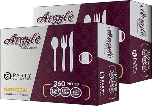 Party Bargains White Plastic Cutlery 720 pcs: 360 Forks, 240 Spoons, 120 Knives. Argyle Design, Heavy Duty & Solid Disposable Silverware Utensils Combo Pack Set for Weddings, Buffets, Luncheons