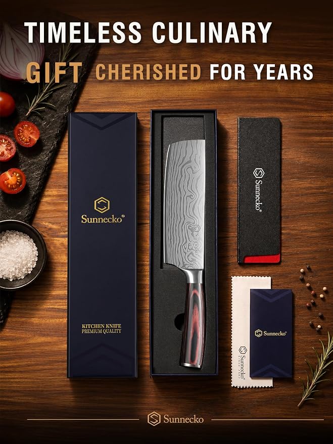 Nakiri Knife - 7" Chef Knife for Meat Cleaver Vegetable Chopping | 12° Edge Razor Sharp Kitchen Knife, High Carbon Steel Multipurpose Cleaver Knife with Sheath, Ideal Gift for Home Cooks Men