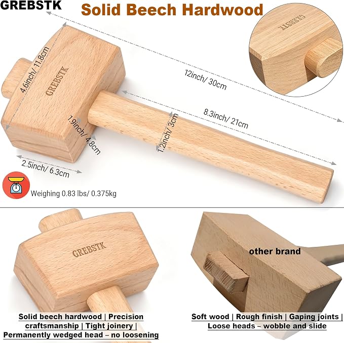 GREBSTK Polished Solid Beech Wood Mallet for Home Bartending & Workshop | Polished Oiled Finish, Stain & Moisture Resistant, Wipes Clean With Ease, Smooth Comfortable Grip, Durable Protective Coat