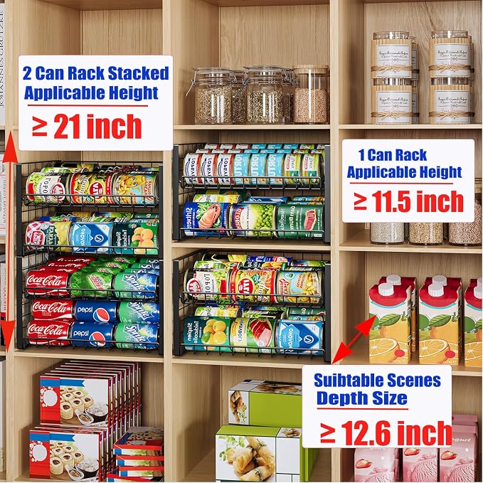 JKsmart 2-Tier Stackable Rack Organizer for Pantry, Adjustable Dispenser Holds Up to 120 Cans, Storage Holder for Various Ounces of Canned Drinks, Black, 4 Pack