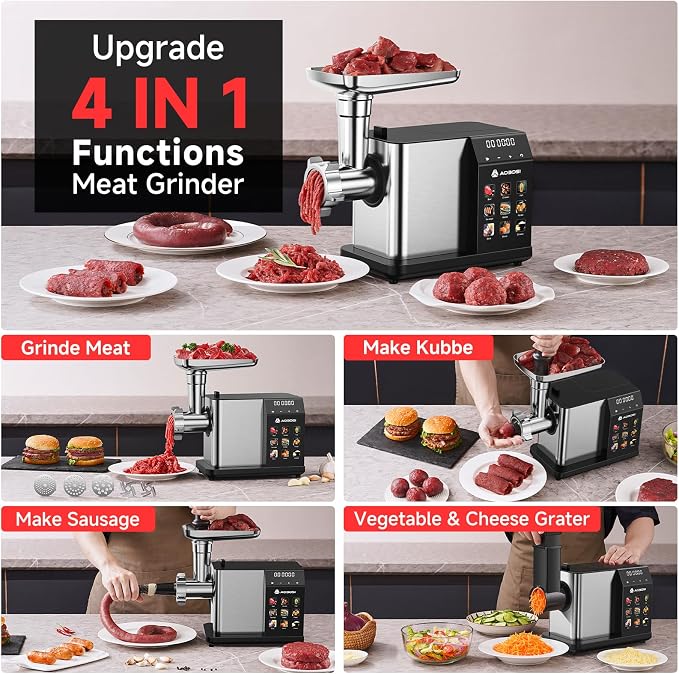 AAOBOSI Multifunctional Digital Meat Grinder Electric 3000W Max | 9 Touch Screen Presets, Auto-Reverse & Built-in Storage -Grinding, Sausage & Kibbe & Grate Cheese Making for Home Use