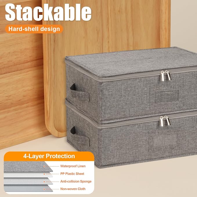 Kukikan Coffee Mug Storage Box 2 Pack with Dividers, China Storage Containers Organizer for Moving, Hard Shell & Stackable for 24 Coffee Tea Cups 5.5" Tall with Sturdy Lid & Handles, Grey