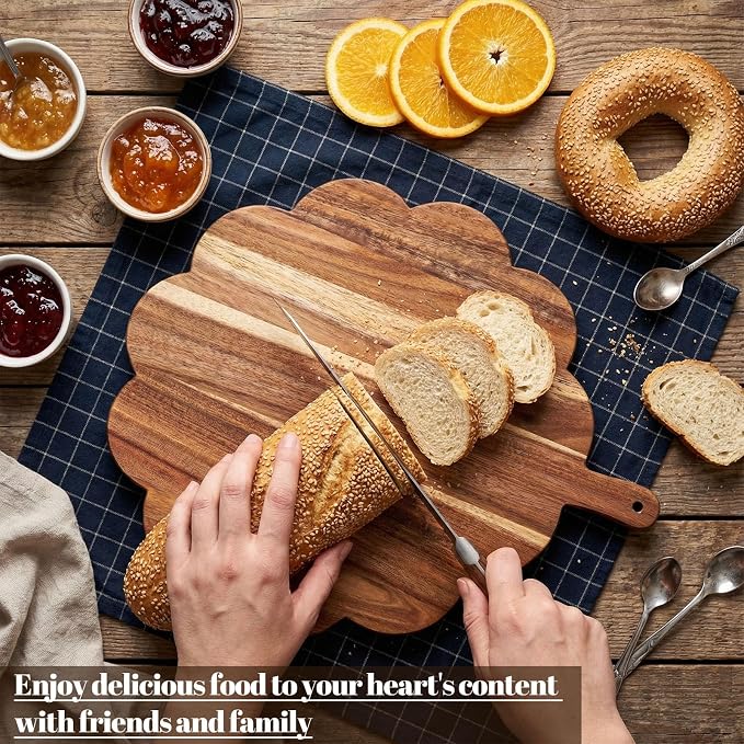 Havawish Scalloped Acacia Wood Boards Wooden Cutting Board for Bread Meat Cutting Boards Fruit Cheese Serving Butcher Block Supplies 11.81 x 11.81 x 0.63 Inches