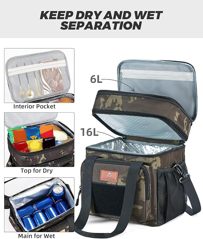 HSHRISH Expandable Large Tactical Lunch Box for Adults, Durable Insulated Lunch Bag with Lots of Storage Space, Cooler Bag for Men Women Work Outdoor Picnic Trip, 16 L, Black