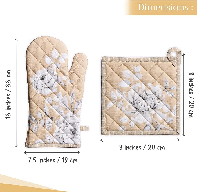 Maison d' Hermine 100% Cotton Oven Mitt & Pot Holder Set (7.5"x13" & 8"x8") | Heat Resistant BBQ Cooking Gloves with Loop Baking Grilling Kitchen Home Farmhouse Thanksgiving Christmas - Pretty Autumn