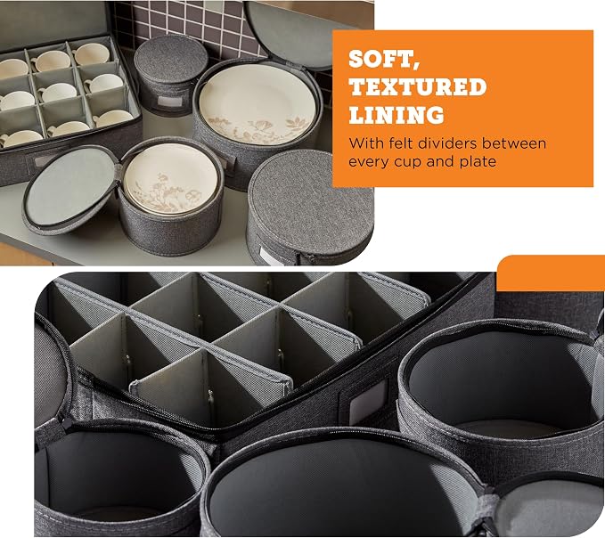 storageLAB 5-Piece Premium China Storage Set | Plates & Mugs | Gray | Full china set for 12 - 4 plate cases + mug case, flip-top lid. Hard shell, felt dividers, stackable, easy access.