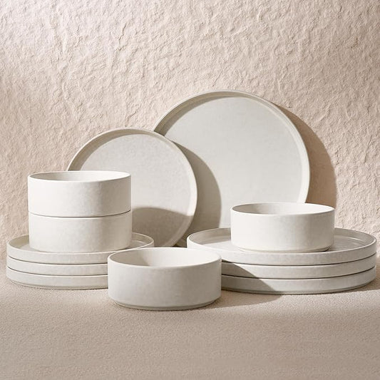 Famiware Nebula Plates and Bowls Sets, 12 Pieces Stoneware Dinnerware Sets, Reactive Glaze Dish Set, Dishes Set for 4, Matte Beige White