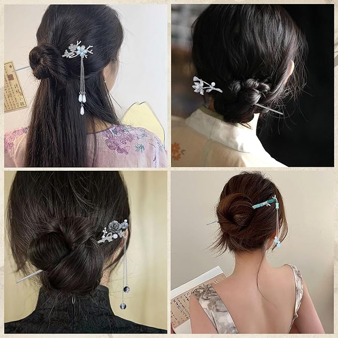 inSowni 8 Pcs Retro Vintage Asian Chinese Traditional Hanfu Silver Metal Flower Hair Sticks with Pearl Bead Pendants Bamboo Lotus Long Hair Chopsticks Forks Bun Updo Holders Hairpins for Women Girls